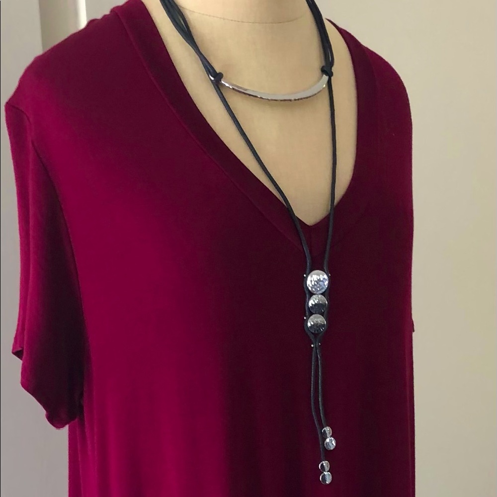 NWT Chico’s Cade Black Cord Hammered Silver Double Necklace
